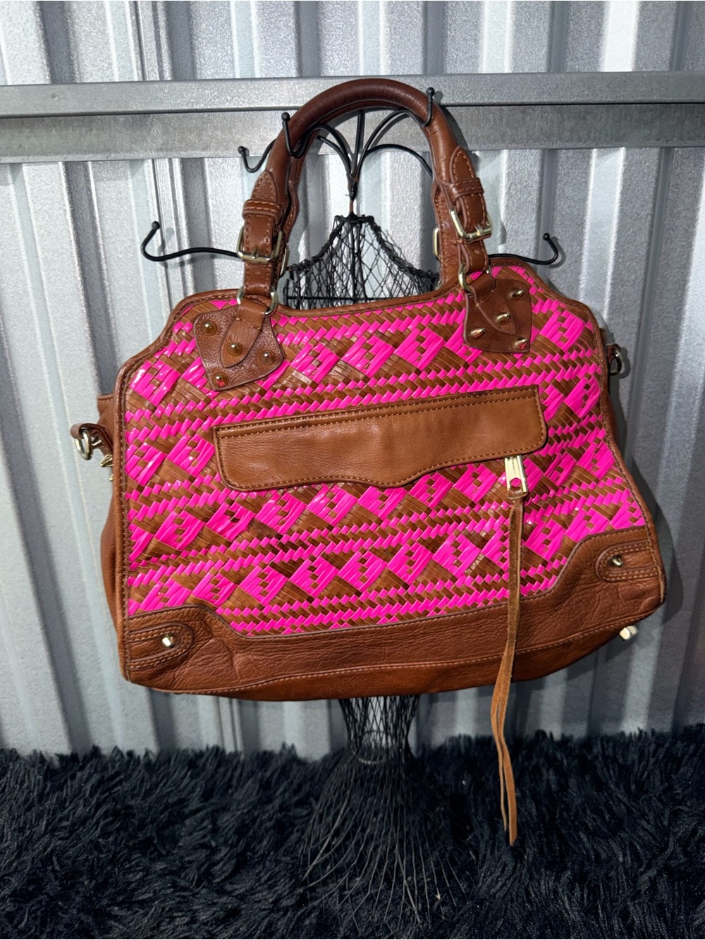 MSRP $495 Rebecca Minkoff Desire Satchel Brown/Neon Pink Leather Geometric Boho